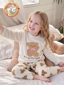 Girls Toddler Bear Towel Embroidery Long Sleeve Top & Bear Print Fleece Long Pants Autumn/Winter Loungewear Set - White - View 5