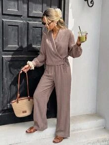 Serisse Women's Striped Long Sleeve Top And Pants Casual Daily Set - Brown - View 3