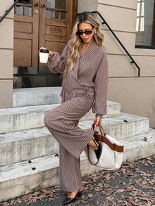 Serisse Women's Striped Long Sleeve Top And Pants Casual Daily Set - Brown - View 1