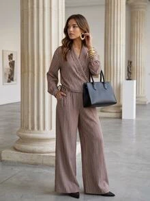 Serisse Women's Striped Long Sleeve Top And Pants Casual Daily Set - Brown - View 9