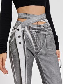 ROMWE Autumn/Winter Y2K Street Rebel Denim Casual Millennium Style Distressed Faded Multi-Layer Cross Waist Straight Leg Flared Jeans For Women - Grey - View 2