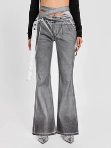 ROMWE Autumn/Winter Y2K Street Rebel Denim Casual Millennium Style Distressed Faded Multi-Layer Cross Waist Straight Leg Flared Jeans For Women - Grey - View 7