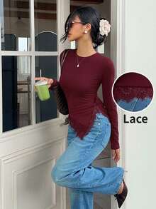 Serisse Women's Elegant Solid Color Lace Patchwork Side Slit T-Shirt Party Dinner Office Burgundy Fall Autumn Winter - Burgundy - View 8