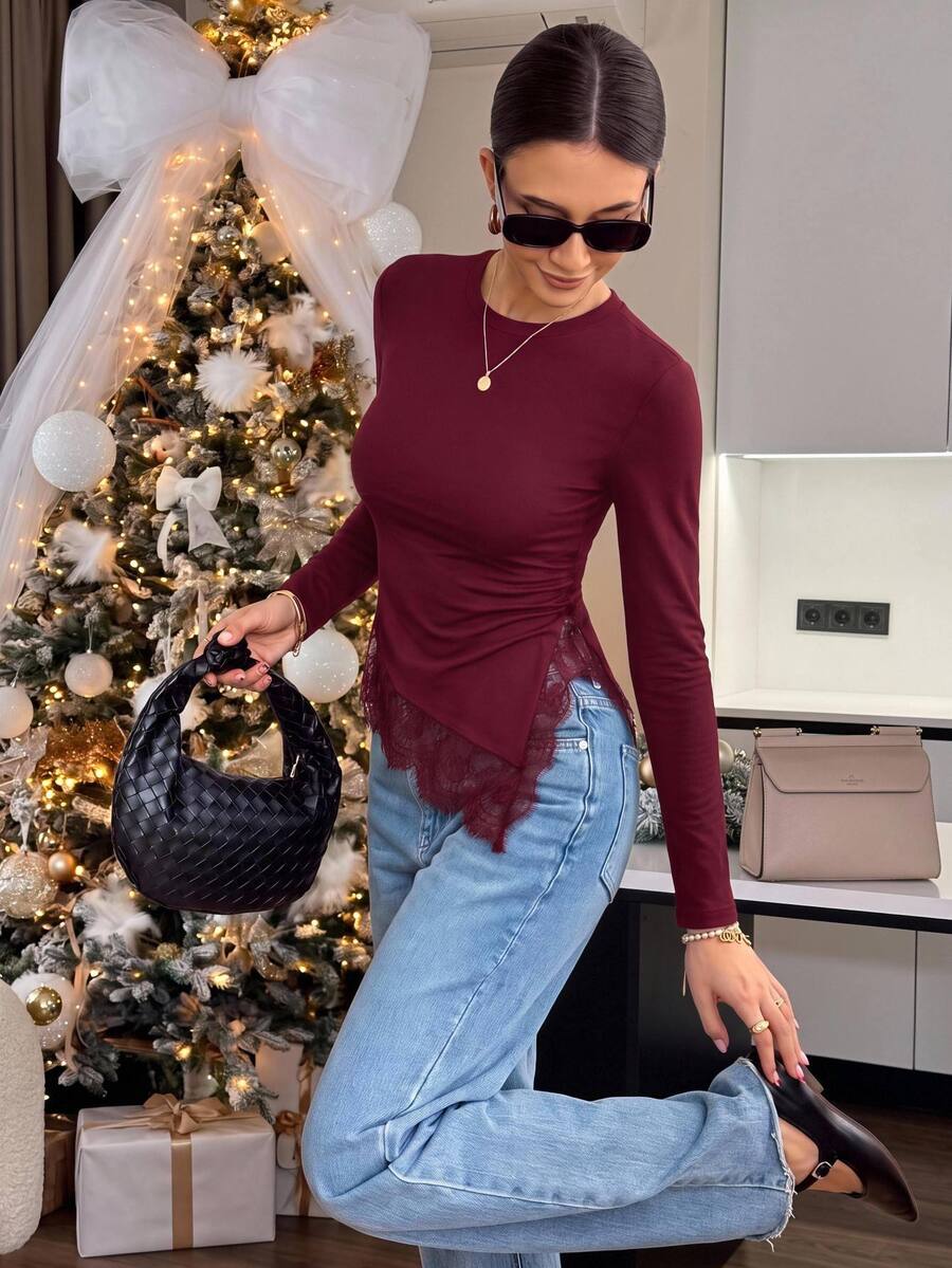 Serisse Women's Elegant Solid Color Lace Patchwork Side Slit T-Shirt Party Dinner Office Burgundy Fall Autumn Winter - Burgundy - View 1