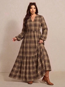 Elaquor Plus Size Women's Plaid Print V-Neck Lantern Sleeve Casual Dress Fall,Maple Leaf Print Long Sleeve Dress, Vintage, Spring Winter,Belt Not Included - Multicolor - View 4