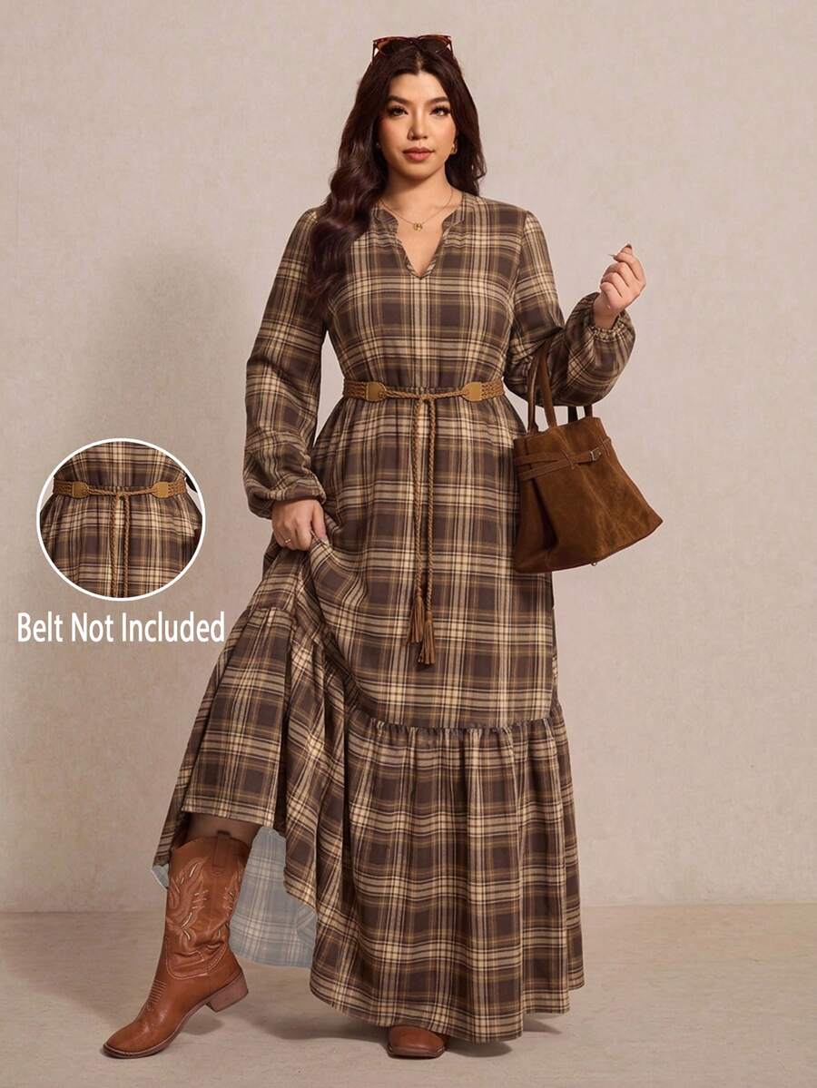 Elaquor Plus Size Women's Plaid Print V-Neck Lantern Sleeve Casual Dress Fall,Maple Leaf Print Long Sleeve Dress, Vintage, Spring Winter,Belt Not Included - Multicolor - View 1
