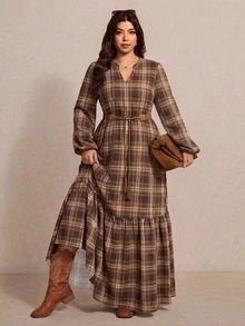 Elaquor Plus Size Women's Plaid Print V-Neck Lantern Sleeve Casual Dress Fall,Maple Leaf Print Long Sleeve Dress, Vintage, Spring Winter,Belt Not Included - Multicolor - View 6