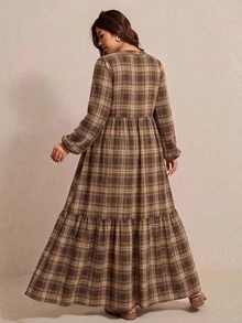 Elaquor Plus Size Women's Plaid Print V-Neck Lantern Sleeve Casual Dress Fall,Maple Leaf Print Long Sleeve Dress, Vintage, Spring Winter,Belt Not Included - Multicolor - View 3