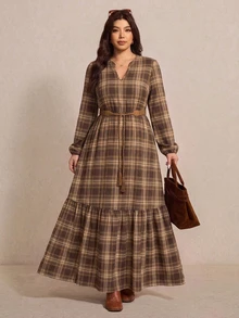 Elaquor Plus Size Women's Plaid Print V-Neck Lantern Sleeve Casual Dress Fall,Maple Leaf Print Long Sleeve Dress, Vintage, Spring Winter,Belt Not Included - Multicolor - View 5