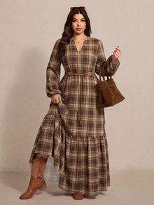 Elaquor Plus Size Women's Plaid Print V-Neck Lantern Sleeve Casual Dress Fall,Maple Leaf Print Long Sleeve Dress, Vintage, Spring Winter,Belt Not Included - Multicolor - View 2