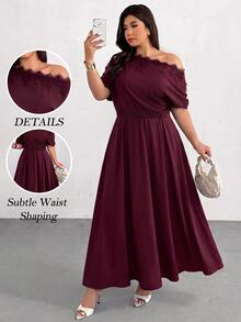 Firerie Plus Size Lace Patchwork Asymmetric Collar Dress Cocktail Formal Dark Green Summer Elegant Party - Burgundy - View 8