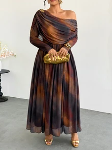 Firerie 大尺碼女款紮染不對稱肩褶皺長袖時尚優雅洋裝，適合秋冬、感恩節、新年 - 彩色 - 查看 5