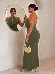 Firerie Plus Size Sexy Elegant Draped Neck Backless Summer Dress Party Vacation Olive Green - Army Green - View 3