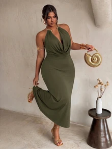 Firerie Plus Size Sexy Elegant Draped Neck Backless Summer Dress Party Vacation Olive Green - Army Green - View 2