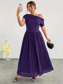 Firerie Women's Plus Size Elegant Solid Color Asymmetric Neckline Dress Wedding Cocktail Party Formal Evening Purple Summer New Year - Purple - View 7