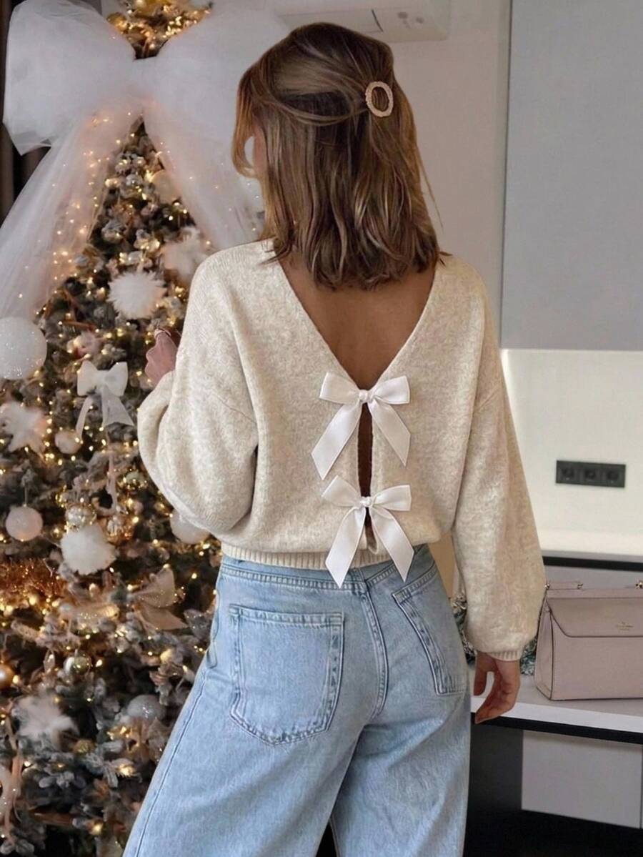 Serisse Women's Bow Decor Long Sleeve Simple Sweater, Casual Daily Wear - Apricot - View 1