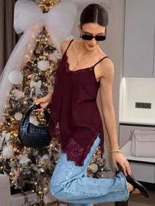 Serisse Women's Summer Elegant Solid Color Lace Patchwork Side Slit Camisole Camisole - Burgundy - View 1
