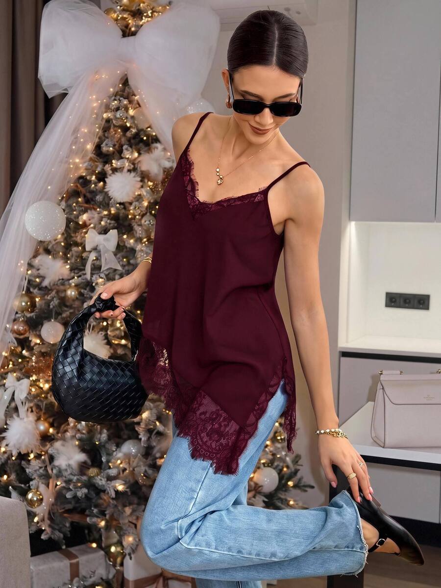 Serisse Women's Summer Elegant Solid Color Lace Patchwork Side Slit Camisole Camisole - Burgundy - View 1