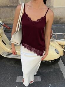 Serisse Women's Summer Elegant Solid Color Lace Patchwork Side Slit Camisole Camisole - Burgundy - View 7