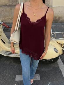 Serisse Women's Summer Elegant Solid Color Lace Patchwork Side Slit Camisole Camisole - Burgundy - View 8