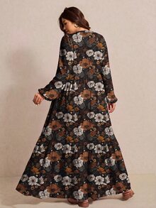 Elaquor Plus Size Women's Ditsy Floral V-Neck Lantern Sleeve Casual Dress Fall,Black Flower Print Long Sleeve Dress, Vintage, Fall,Winter,Belt Not Included - Multicolor - View 3