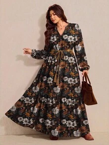 Elaquor Plus Size Women's Ditsy Floral V-Neck Lantern Sleeve Casual Dress Fall,Black Flower Print Long Sleeve Dress, Vintage, Fall,Winter,Belt Not Included - Multicolor - View 6