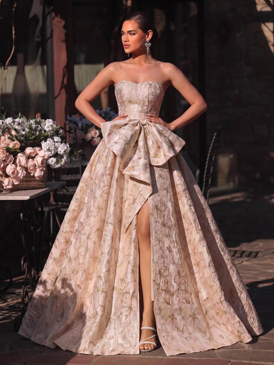 Glamrae Elegant Romantic Fashionable Pink Rose Gold Jacquard Satin Spaghetti Strap Spaghetti Strap Split A-Line Dress With Floral Pattern And Large Bow Decor, Suitable For Vacation, Evening Party, Birthday Gathering, Formal Ladies Dinner
