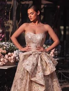 Glamrae Elegant Romantic Fashionable Pink Rose Gold Jacquard Satin Spaghetti Strap Spaghetti Strap Split A-Line Dress With Floral Pattern And Large Bow Decor, Suitable For Vacation, Evening Party, Birthday Gathering, Formal Ladies Dinner - Baby Pink - View 3