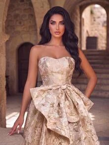 Glamrae Elegant Romantic Fashionable Pink Rose Gold Jacquard Satin Spaghetti Strap Spaghetti Strap Split A-Line Dress With Floral Pattern And Large Bow Decor, Suitable For Vacation, Evening Party, Birthday Gathering, Formal Ladies Dinner - Baby Pink - View 7