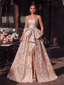 Glamrae Elegant Romantic Fashionable Pink Rose Gold Jacquard Satin Spaghetti Strap Spaghetti Strap Split A-Line Dress With Floral Pattern And Large Bow Decor, Suitable For Vacation, Evening Party, Birthday Gathering, Formal Ladies Dinner - Baby Pink - View 4