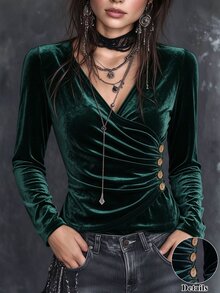 SHEIN Holidaya Vintage Dark Green Velvet V-Neck Cross Long Sleeve Top Side Button Ruched Waist Slim Fit Base Layer Shirt Elegant French Style Inner Wear T-Shirt Fall - Green - View 1