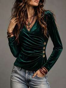 SHEIN Holidaya Vintage Dark Green Velvet V-Neck Cross Long Sleeve Top Side Button Ruched Waist Slim Fit Base Layer Shirt Elegant French Style Inner Wear T-Shirt Fall - Green - View 5