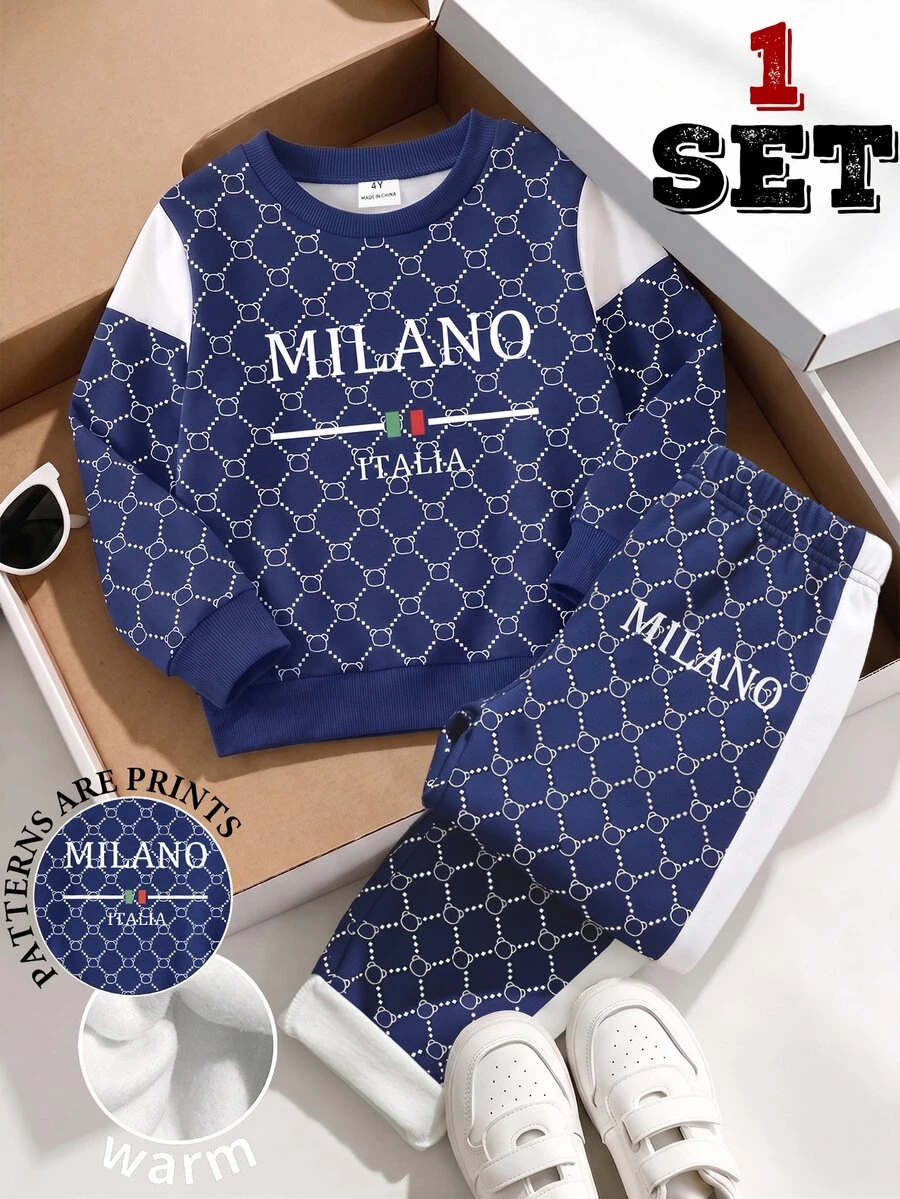 SHEIN Bộ 2 món áo nỉ cho bé trai trẻ, phong cách thường ngày, màu xanh phối mảng màu, in vương miện hình học, tay dài, cổ tròn, trang phục mùa thu tựu trường - Nhiều màu - Xem 1