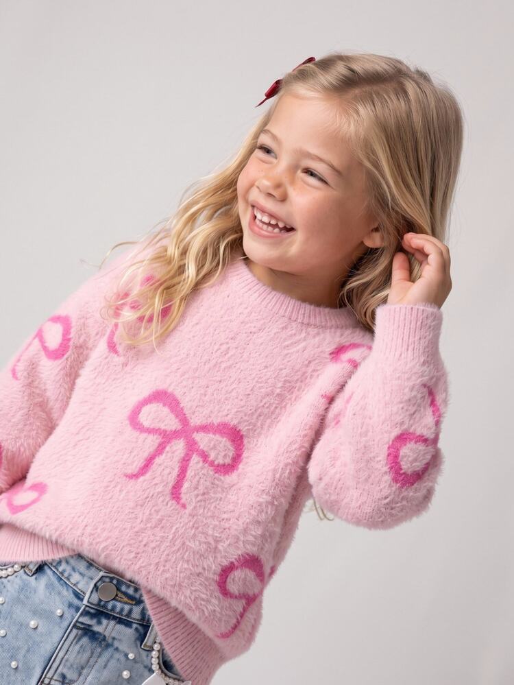 Maija Kids Maija Kids Young Girl Bow Pattern Casual Baby Daily Matching Mommy Daughter Mommy And Me Long Sleeve Sweater Fall Young Girl Pink - Pink - View 1