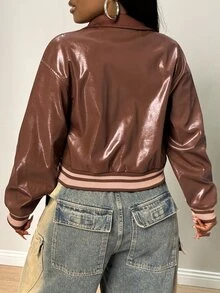 BamGleam Street Striped Patchwork PU Material Sports Casual Jacket - Brown - View 3