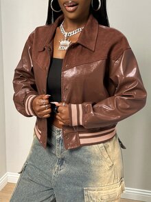 BamGleam Street Striped Patchwork PU Material Sports Casual Jacket - Brown - View 6