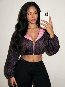 BamGleam Women's Cropped Leopard Print Long Sleeve Sports Jacket - Brown - View 1