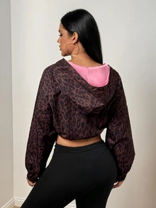BamGleam Women's Cropped Leopard Print Long Sleeve Sports Jacket - Brown - View 2
