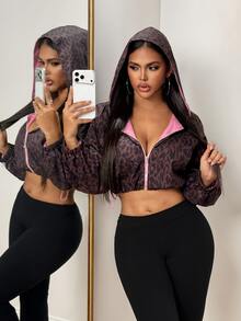BamGleam Women's Cropped Leopard Print Long Sleeve Sports Jacket - Brown - View 3