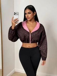 BamGleam Women's Cropped Leopard Print Long Sleeve Sports Jacket - Brown - View 4