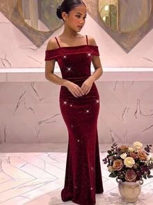SHEIN Tween Girl Kids Off-Shoulder Spaghetti Strap Mermaid Dress Autumn Tween Girl - Burgundy - View 8