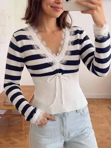 Comfortcana Women Blue And White Striped Knit Sweater Lace Trim V Neck Long Sleeve Pullover Slim Fit Fall Top Brunch French - Navy Blue - View 9