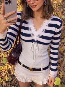 Comfortcana Women Blue And White Striped Knit Sweater Lace Trim V Neck Long Sleeve Pullover Slim Fit Fall Top Brunch French - Navy Blue - View 7