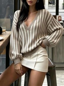 Cévolie Blue And White Striped Long Sleeve V-Neck Pullover Sweater Fall Everyday High Tea French Casual Autumn - Coffee Brown - View 5
