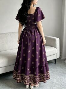 Modelyn 深紫色線條花卉植物印花女款方領短袖春夏長版休閒復古優雅阿拉伯風園藝洋裝 - 彩色 - 查看 2