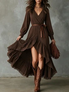 Breezaya Women's Fashion Elegant Casual Vacation Luxury Party Style Patchwork Ruffle Hem High-Low Dress - Coffee - View 4