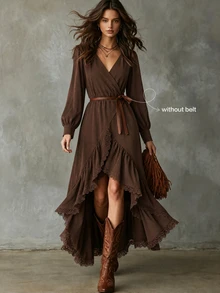 Breezaya Women's Fashion Elegant Casual Vacation Luxury Party Style Patchwork Ruffle Hem High-Low Dress - Coffee - View 1