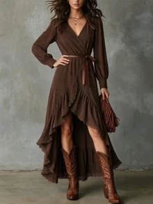 Breezaya Women's Fashion Elegant Casual Vacation Luxury Party Style Patchwork Ruffle Hem High-Low Dress - Coffee - View 5