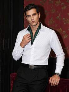 Manfinity AFTRDRK Manfinity Mode Men's White Summer Casual Business Office Shirt, Geometric Diamond-Textured Long Sleeve Button Placket Collar Top Gift For Husband, Formal - White - View 1