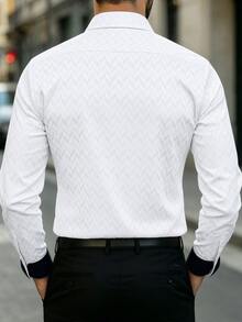 Manfinity AFTRDRK Manfinity Mode Men's White Summer Casual Business Office Shirt, Geometric Diamond-Textured Long Sleeve Button Placket Collar Top Gift For Husband, Formal - White - View 2